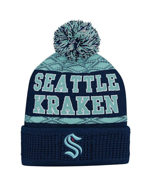 Big Boys and Girls Deep Sea Blue Seattle Kraken Puck Pattern Cuffed Knit Hat with Pom