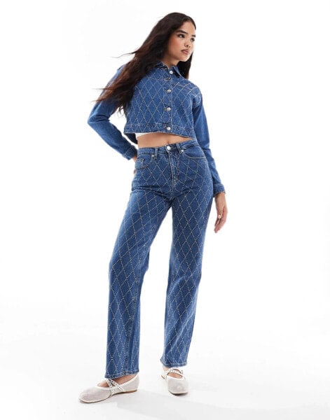 Vero Moda Tessa rhinestone jeans co-ord in medium blue