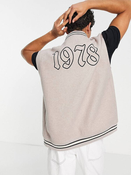 Topman sleeveless varsity jacket with patches in stone