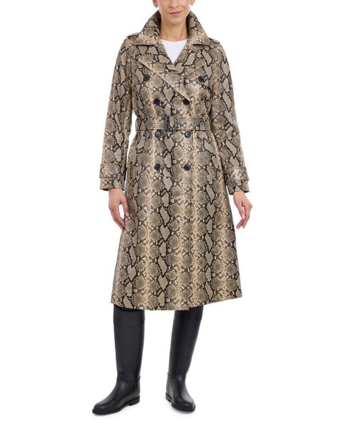 Women's Faux-Leather Snakeskin-Print Trench Coat