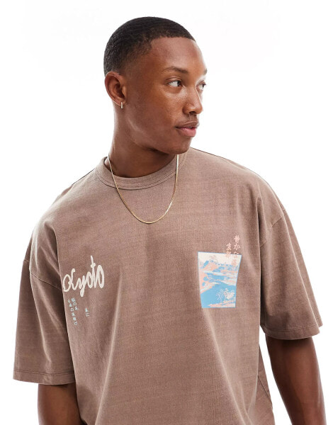 ASOS DESIGN oversized t-shirt in washed brown with street back print