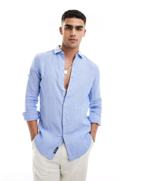 Superdry Casual linen long sleeve shirt in light blue chambray