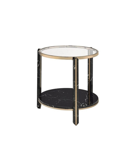 Thistle End Table, Clear Glass, Faux Black Marble & Champagne Finish