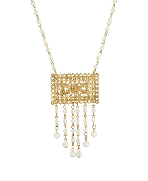 Gold Tone Imitation Pearl Drop Rectangle Necklace