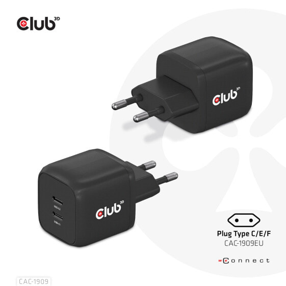 Club 3D Travel Charger PPS 45W GAN technology, Dual port USB Type-C, Power Delivery(PD) 3.0 Support, Indoor, AC, 20 V, Black