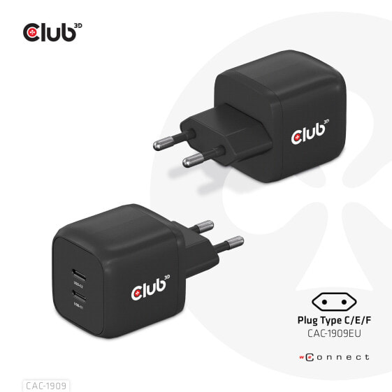 Club 3D Travel Charger PPS 45W GAN technology - Dual port USB Type-C - Power Delivery(PD) 3.0 Support - Indoor - AC - 20 V - Black