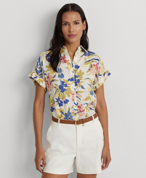Petite Linen Floral Short-Sleeve Shirt