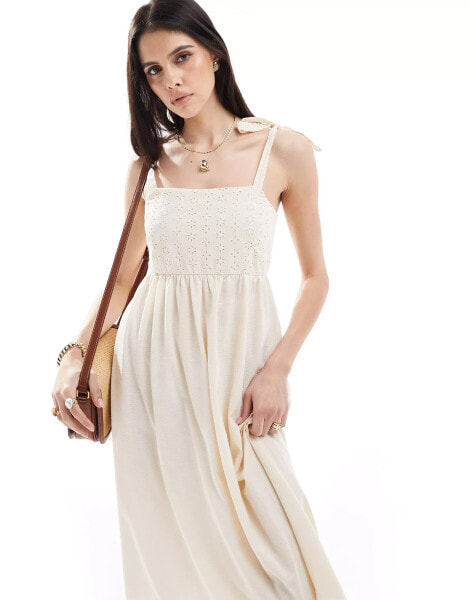 Vila broderie tie strap cami midi dress in cream