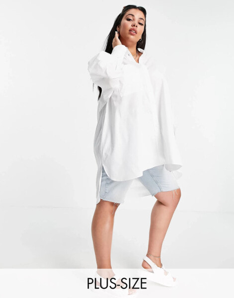 Threadbare Plus Size oversized balloon sleeve shirt dress in white