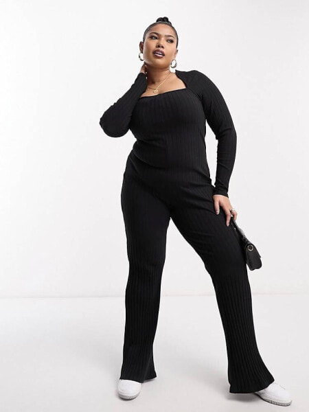 ASOS DESIGN Curve – Langärmliger, gerippter Jumpsuit im Gymnastik-Stil in Schwarz mit eckigem Ausschnitt