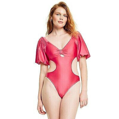 Women's Metallic Puff Sleeve Cut Out Medium Coverage One Piece Swimsuit - Fe
