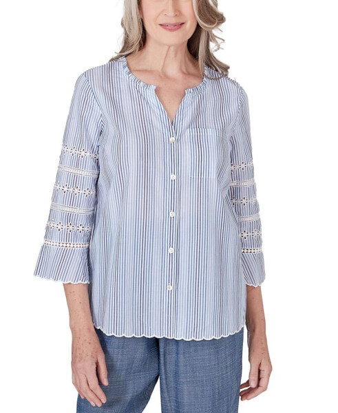 Petite Button-Down Embroidered Scalloped Top