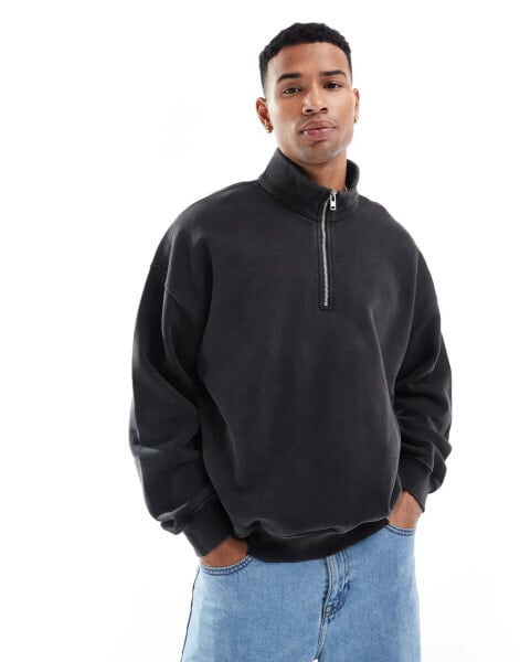 Abercrombie & Fitch essential acid wash half zip sweatshirt in black