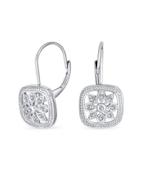 Square Art Deco Style Holiday Party Flower Christmas Winter AAA Cubic Zirconia Encrusted CZ Snowflake Drop Lever Back Earrings Sterling Silver