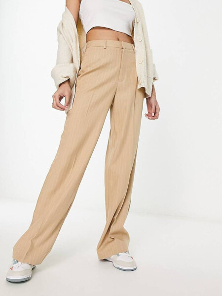 Stradivarius wide leg trouser in stone pinstripe 