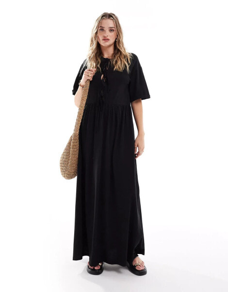 ASOS DESIGN puff sleeve with tie up bodice maxi dress in black