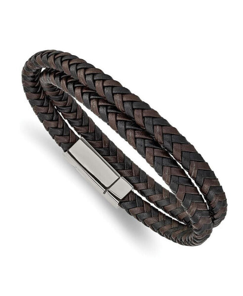 Stainless Steel Black Brown Leather Wrap Bracelet