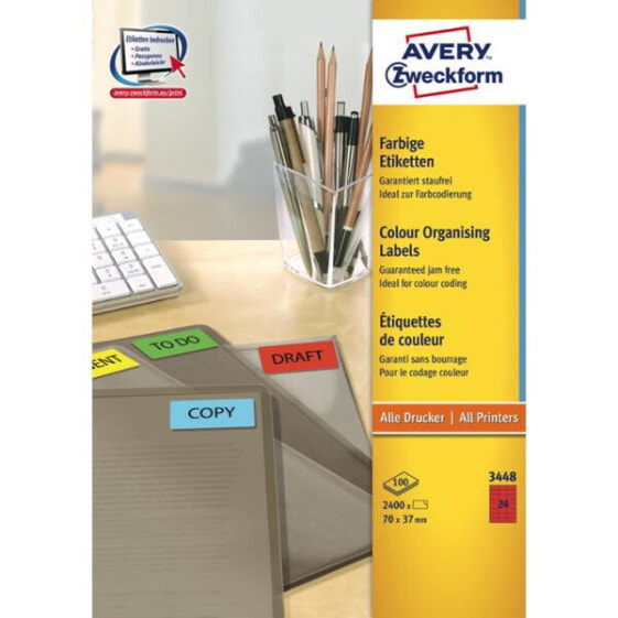 Avery Zweckform Avery Coloured Labels - Red - 70 x 37 mm - Red - Self-adhesive printer label - A4 - Paper - Laser/Inkjet - Permanent