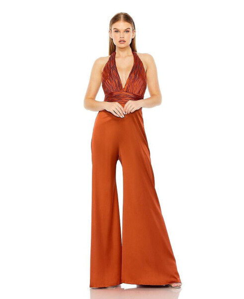 Women's Ruched Halter Top Wide Leg Satin Jumpsuit