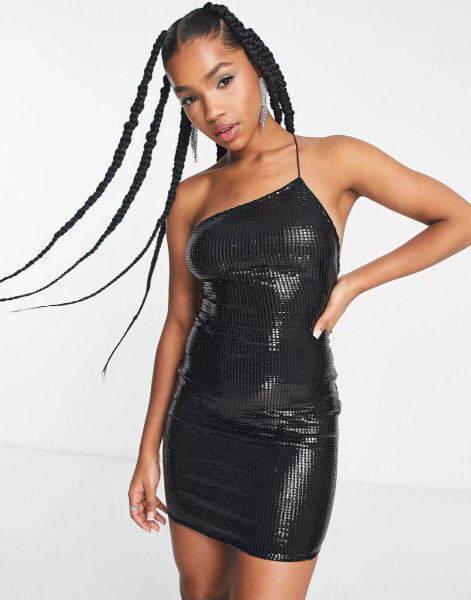 Pull&Bear asymmetric strap detail sequin mini dress in black