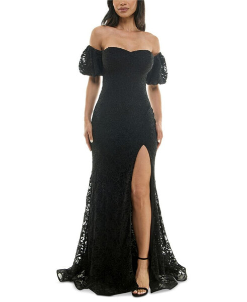 Juniors' Lace Off-The-Shoulder Gown