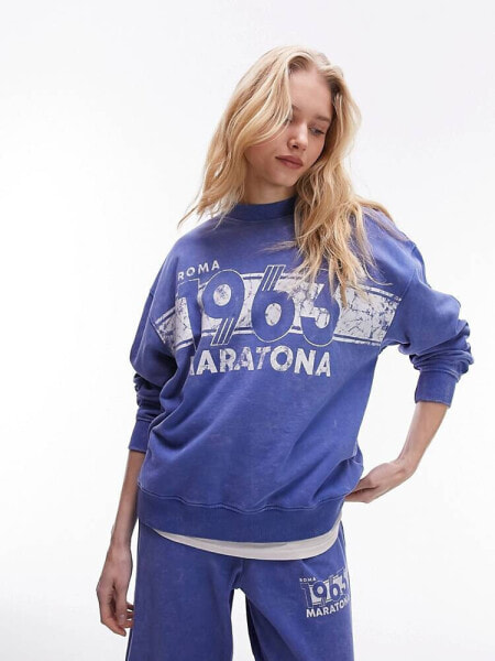 Topshop co ord graphic 1863 maratona vintage wash oversized sweat in blue