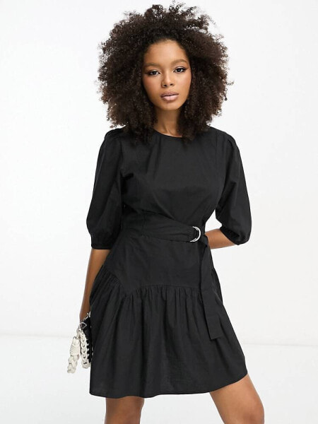 ASOS DESIGN cotton drop waist mini dress with D-ring in black