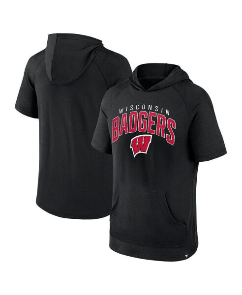 Men's Black Wisconsin Badgers Double Arch Raglan Short Sleeve Hoodie T-Shirt