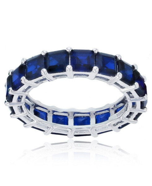 Created Blue Spinel Princess Cut Eternity Band in Rhodium Plated Sterling Silver