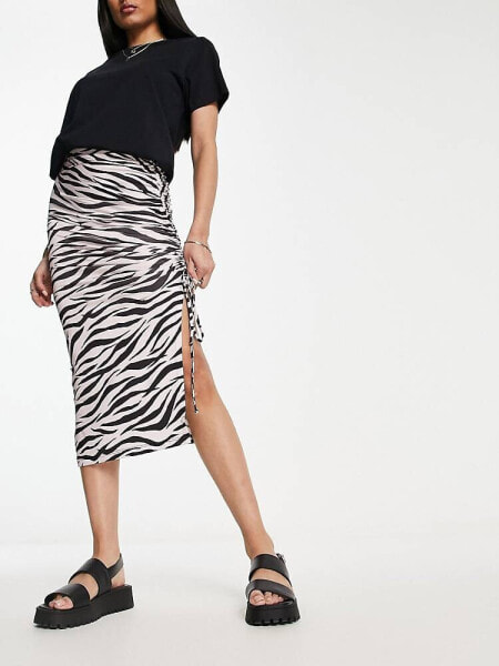 Miss Selfridge ruched midi skirt in zebra print 