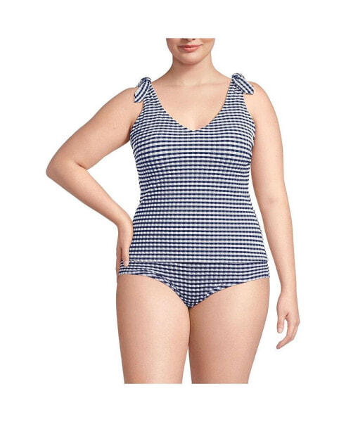 Plus Size Gingham V-Neck Shoulder Tie Tankini Swimsuit Top