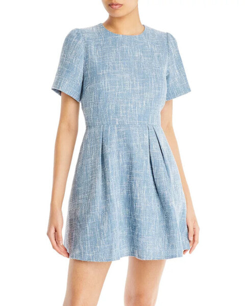 Aqua Womens Boucle Mini Fit & Flare Dress Blue and White Tweed Fabric Size L