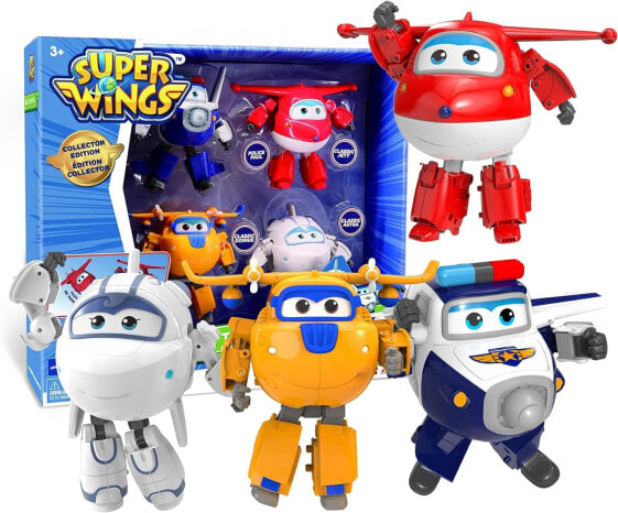 Super Wings EU730206 Transformer Set X4 - Aeroplane Figures Transformable Robot Cartoon Toy Children from 3 Years - 12 cm, Blue Yellow White Red, One Size