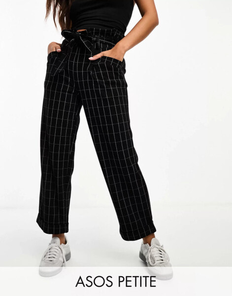 ASOS DESIGN Petite paper bag waist peg trouser in windowpane check