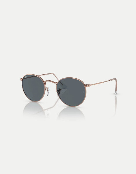 Ray-Ban round metal rose gold round sunglasses in gold with blue lens in rose gold