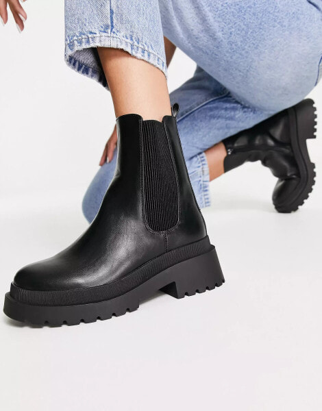 New Look flat high ankle chunky chelsea boot in black