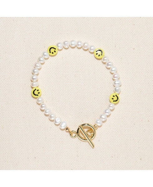 18K Gold Plated Freshwater Pearls with Smiley Face - HaHa Bracelet 7" For Women