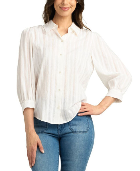 Juniors' Woven-Stripe 3/4-Puff Sleeve Blouse