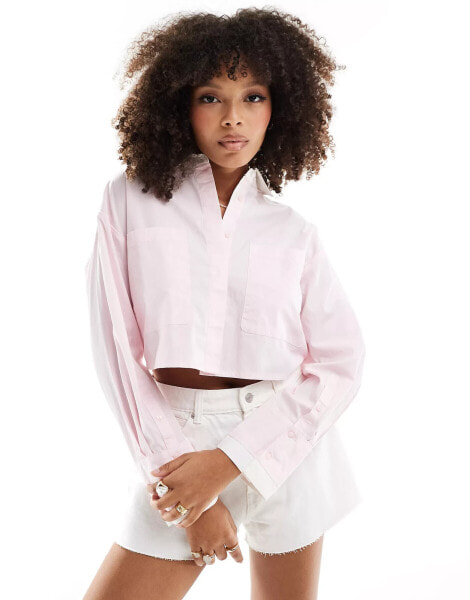 Pimkie contrast collar cropped shirt in light pink