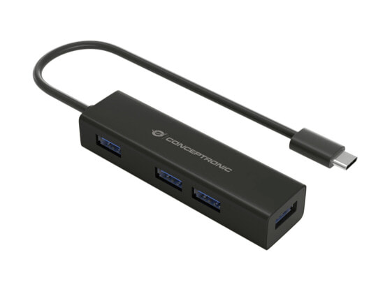 Conceptronic HUBBIES USB-C to 4-Port USB 3.0 Hub - USB 3.2 Gen 1 (3.1 Gen 1) Type-C - USB 3.2 Gen 1 (3.1 Gen 1) Type-A - 5000 Mbit/s - Black - Aluminium - 87.5 mm