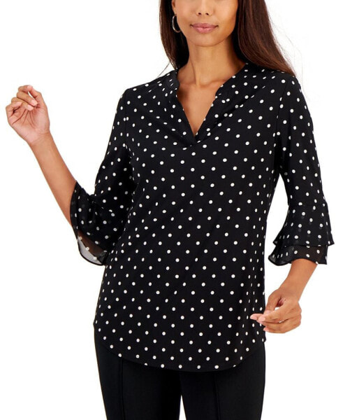 Petite Dot-Print Flutter-Sleeve V-Neck Blouse