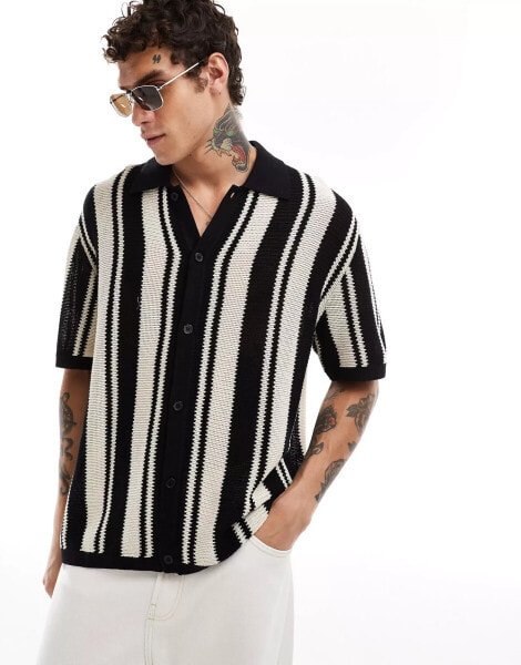 Bershka crochet stripe shirt in black