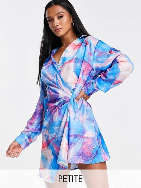 I Saw It First Petite satin knot front mini dress in bright smudge print