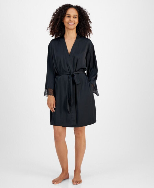 Women's Lace-Trim Stretch Satin Wrap Robe, Created for Macy's