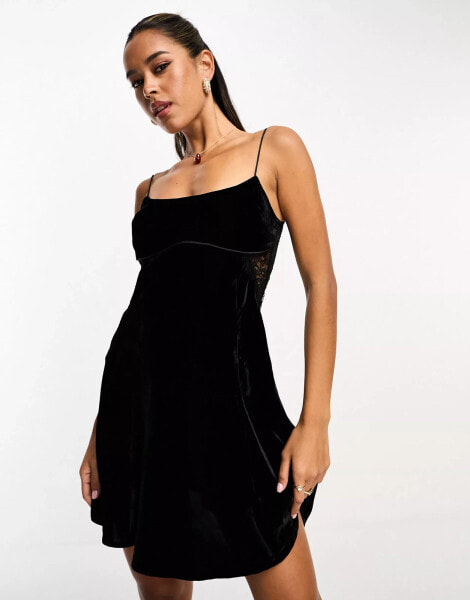 ASOS DESIGN velvet mini dress with lace insert detail in black