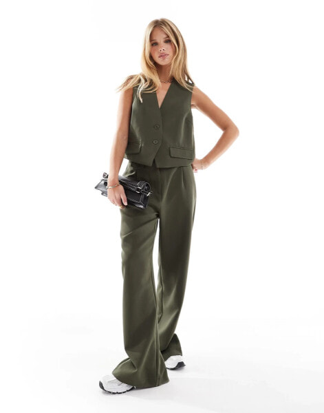 Pieces tailored multiway button leg trouser co-ord in khaki