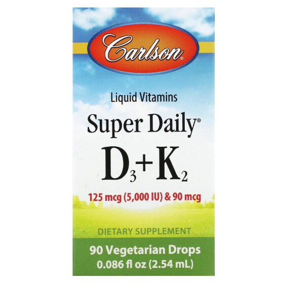 Витамин D Carlson Super Daily D3 + K2, 125 мкг (5 000 МЕ) и 90 мкг, 90 вегетарианских капель, 0.086 жидк. унц. (2.54 мл)
