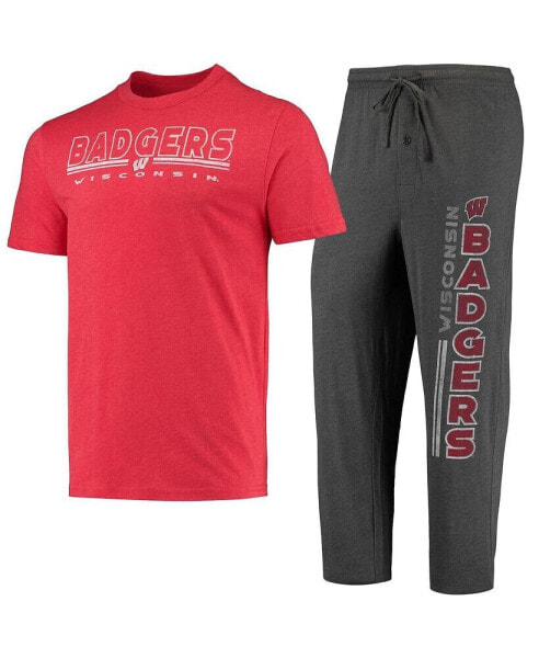 Men's Heathered Charcoal, Red Wisconsin Badgers Meter T-shirt and Pants Sleep Set