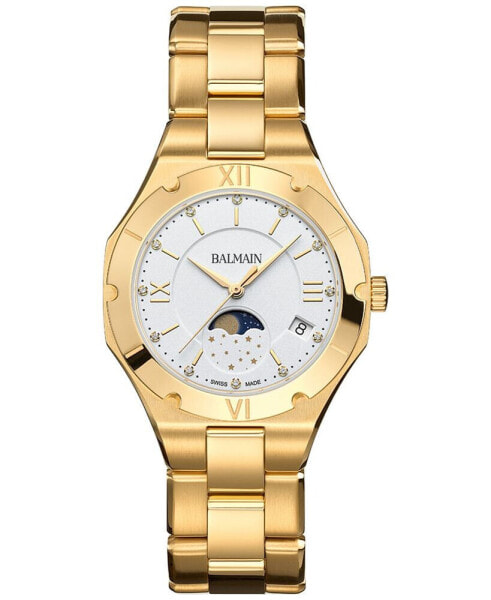 Women's Swiss Be Balmain Moonphase Diamond (1/20 ct. t.w.) Gold PVD Stainless Steel Bracelet Watch 33mm