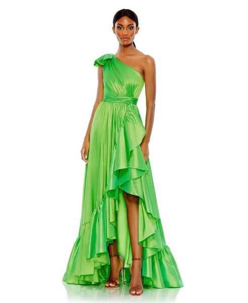 Women's Bow One Shoulder Ruffle Asymmetrical Hem Gown